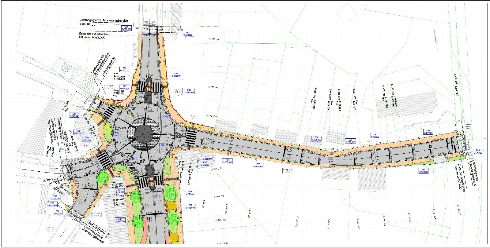 Auszug aus einem Lageplan des Büros: Knotenpunkt mit Kreisverkehr und anschließender Straße, mit Höhenpunkten und Verkehrsflächen.